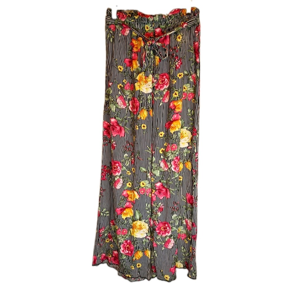 See You Monday Floral Striped Wide Leg Palazzo Pants L Black White Hippie